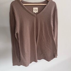 Chaser V-Neck Long Sleeve  Waffle Print Top - Brown